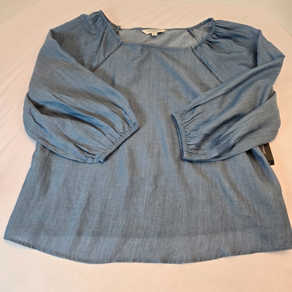 LIVERPOOL Women Ladder Stitch Boatneck Blouse; 3/4 Pull Sleeve Sz: M Bridgeton